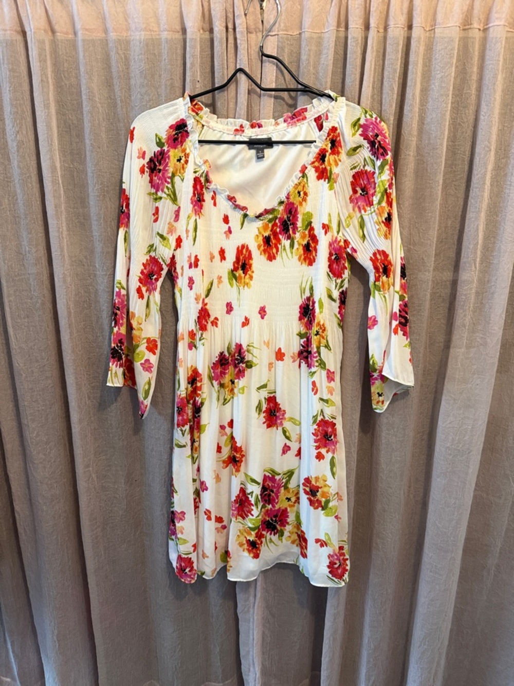 White Floral A-line Dress with Pink & Red Blooms